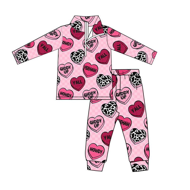 preorder GLP1103 Valentine's Day Heart Pink Long Sleeve Pullover Pants Girls Set