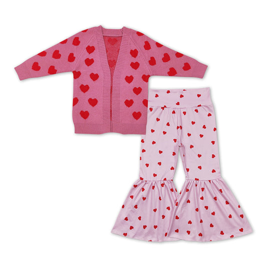 GLP1105 Valentine's Day heart pink sweater cardigan Pink Heart Pants Girls Set