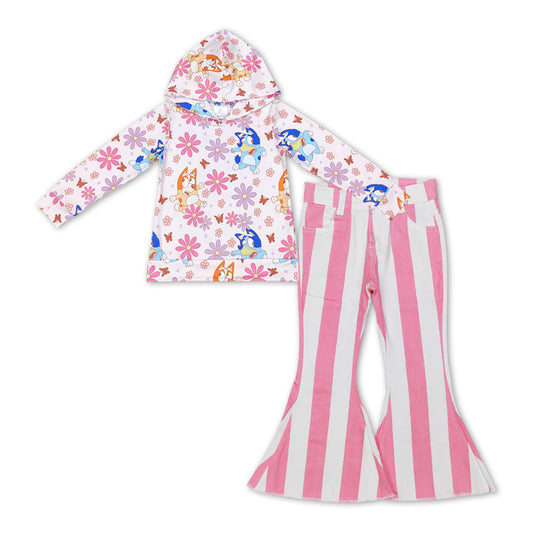 GLP1111 Cartoon Dog Flowers Pink Long Sleeve Hoodie Pink Striped Denim Pants Girls Set