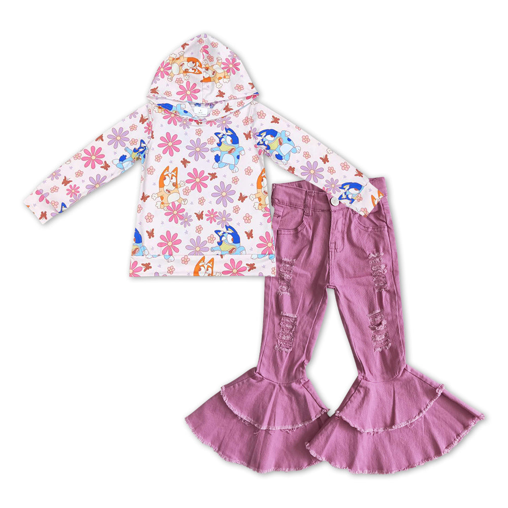 GLP1112 Cartoon Dog Flowers Pink Long Sleeve Hoodie Hot Pink Denim Pants Girls Set