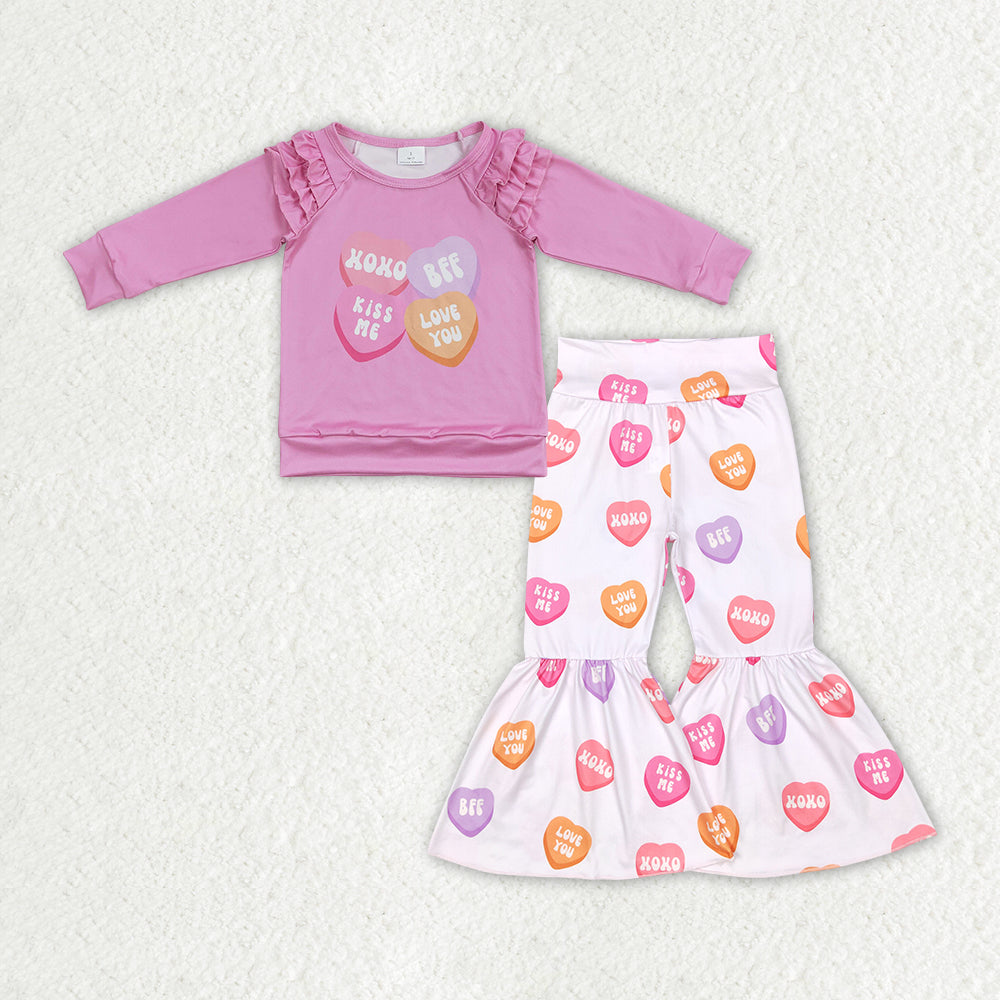 GLP1113 Kiss me love you heart hot pink long sleeve pants girls set