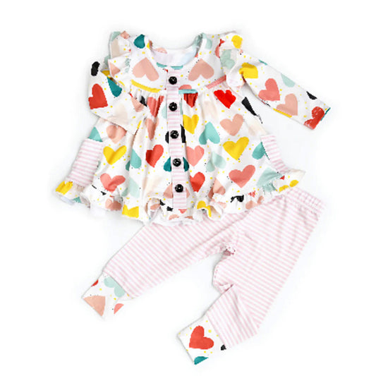 preorder GLP1125 Baby Clothes Colorful Heart Pockets Long Sleeve Pink Striped Pants Girls Cute Set Valentine's Day Clothes