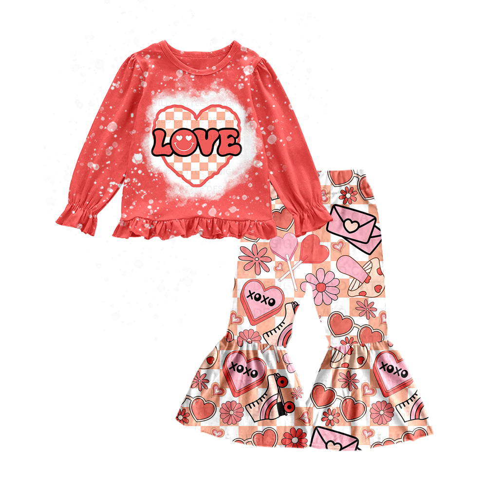 preorder GLP1127 Baby Love Smile Long Sleeve Pink Heart Flowers Pants Girls Set Kids Valentine's Day Clothes