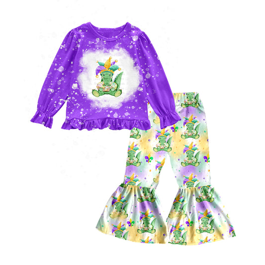 preorder GLP1128 Baby Girl Cute Cartoon Crocodile Purple Long Sleeve Pants Girls Set Kids Mardi Gras Clothes