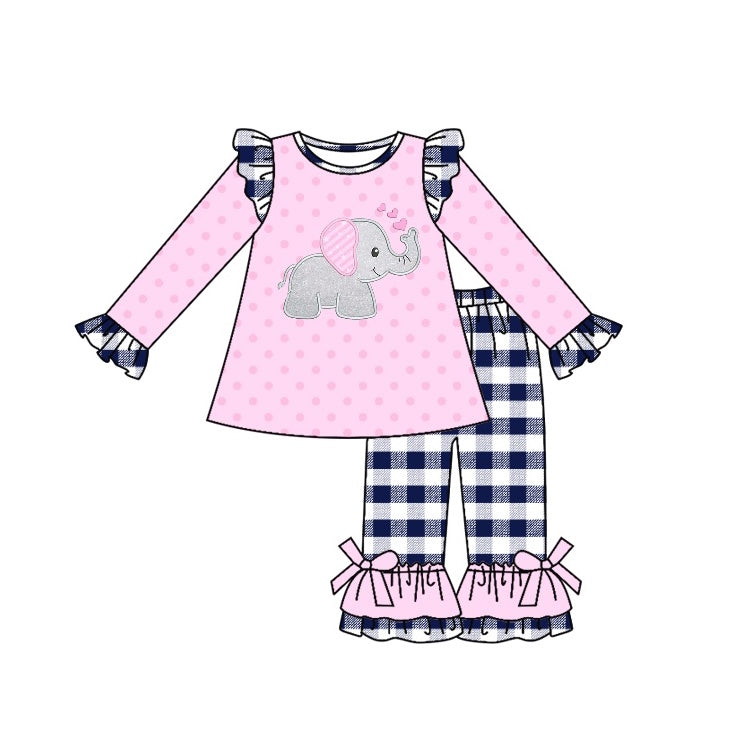 preorder GLP1130 Girl Heart Elephant Pink Long Sleeve Checkered Pants Girls Set Kids Valentine's Day Clothes