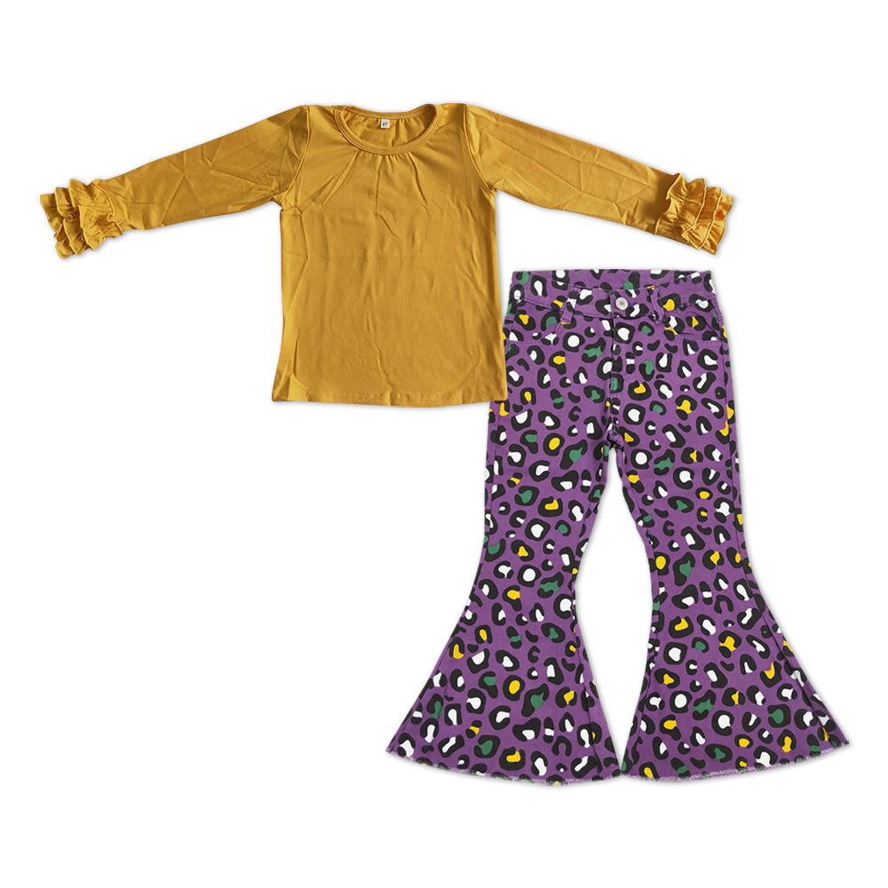 GLP1138 Mardi Gras Yellow Long Sleeve Purple Leopard Denim Pants Girls Set