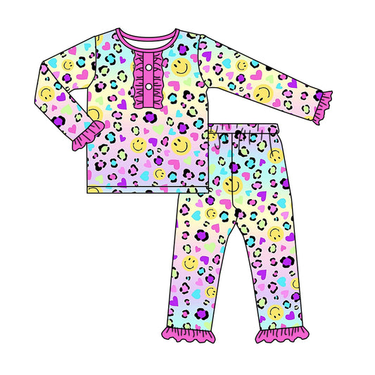 preorder GLP1140 Valentine's Day Colorful Leopard Smile Heart Hot Pink Long Sleeve Pants Girls Pajamas