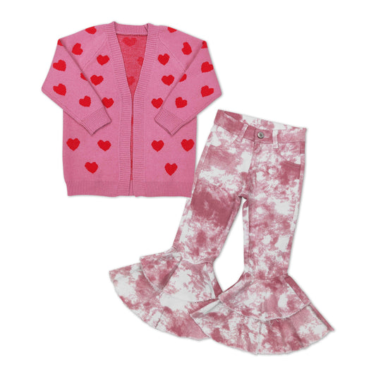 GLP1146 Valentine's Day Red Heart Pink Cardigan Pink Ink Patter Denim Pants Girls Set