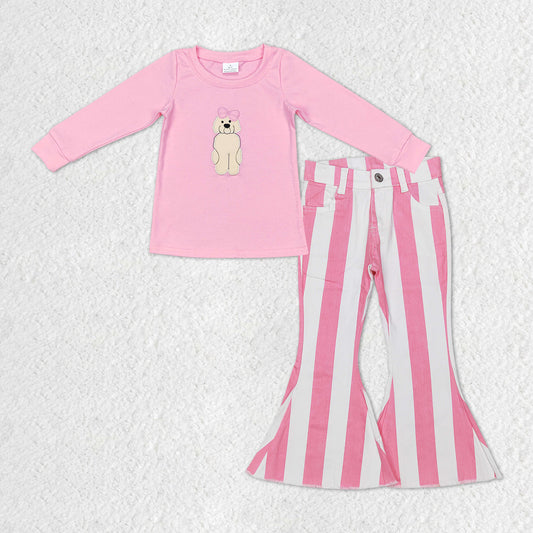 GLP1147 Embroidery Dog Pink Long Sleeve Pink Striped Denim Pants Girls Set