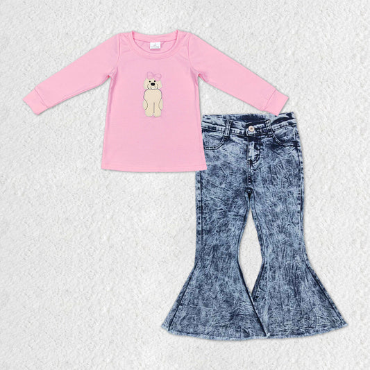 GLP1148 Embroidery Dog Pink Long Sleeve Blue Bell-bottom Denim Pants Girls Set