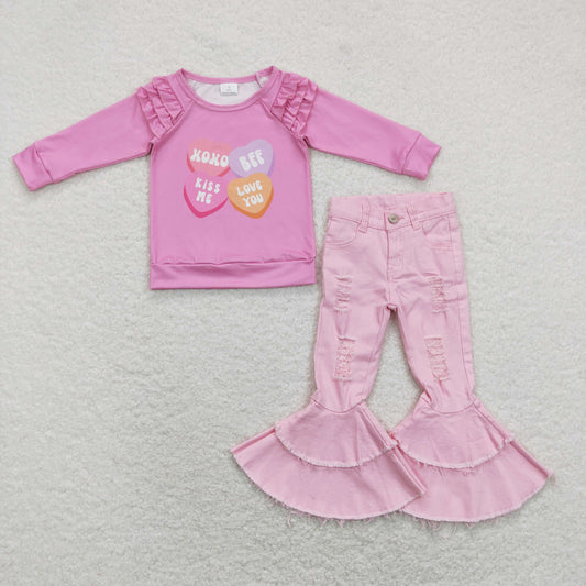 GLP1165 Kiss me love you heart hot pink long sleeve pink denim pants girls set