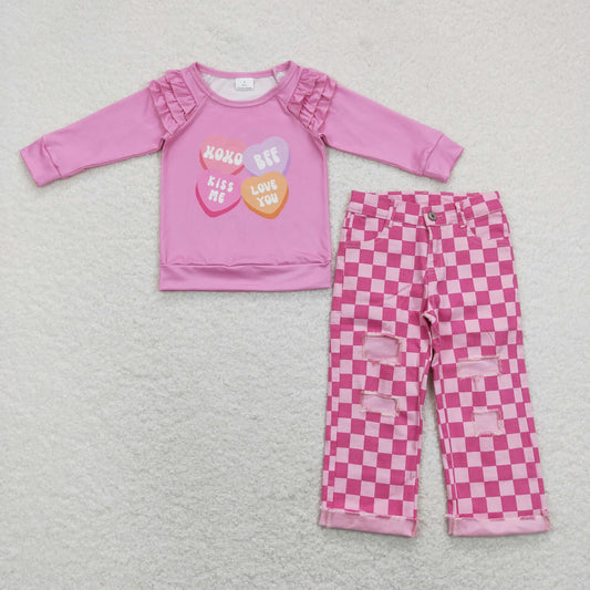 GLP1166 Kiss me love you heart hot pink long sleeve hot pink checkered denim pants girls set