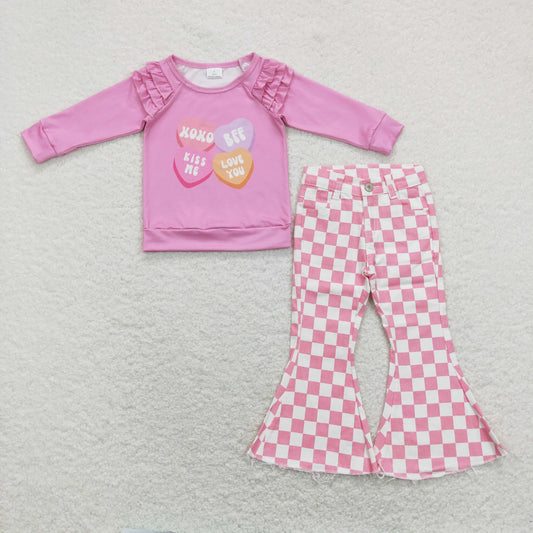 GLP1167 Kiss me love you heart hot pink long sleeve pink checkered denim pants girls set