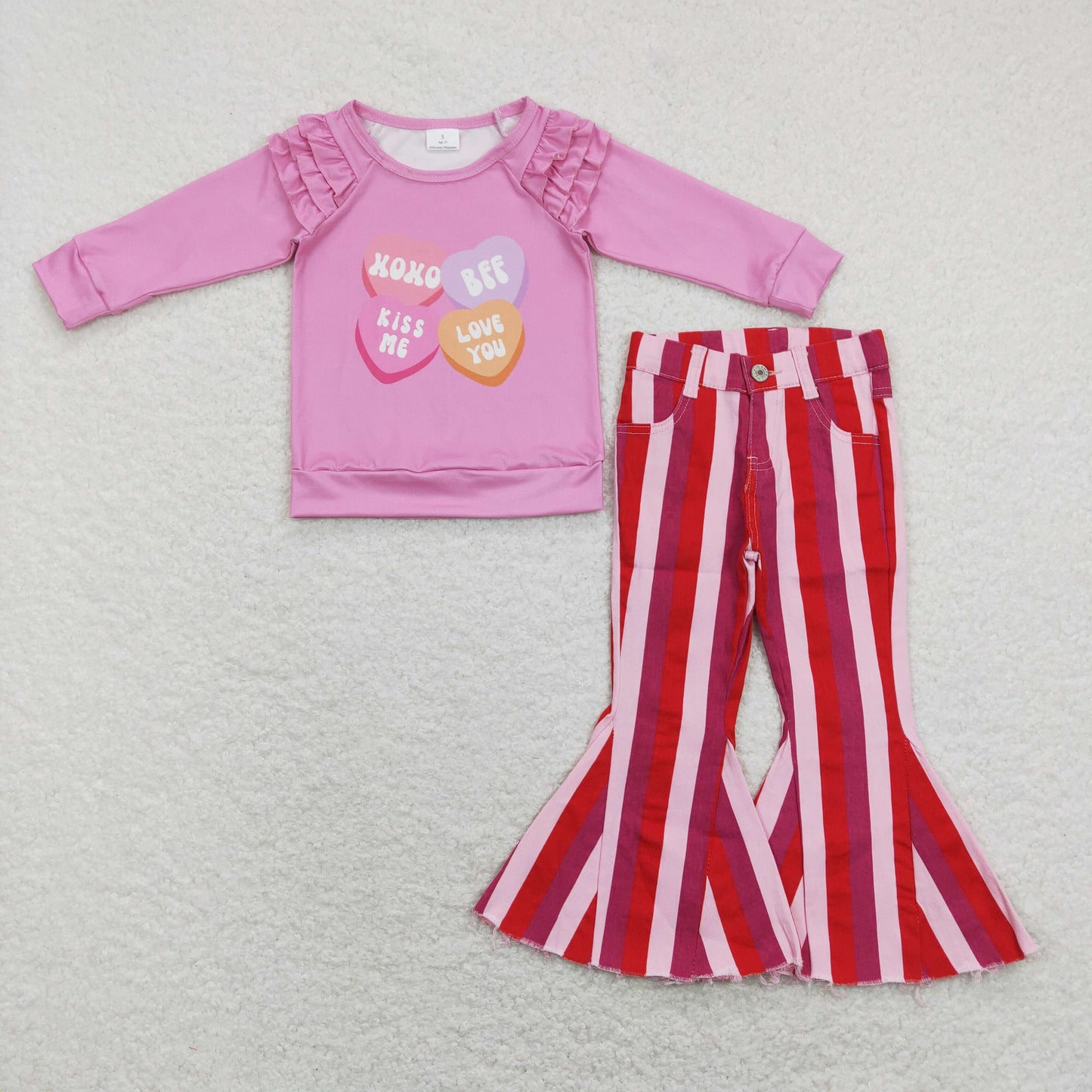 GLP1168 Kiss me love you heart hot pink long sleeve red striped denim pants girls set