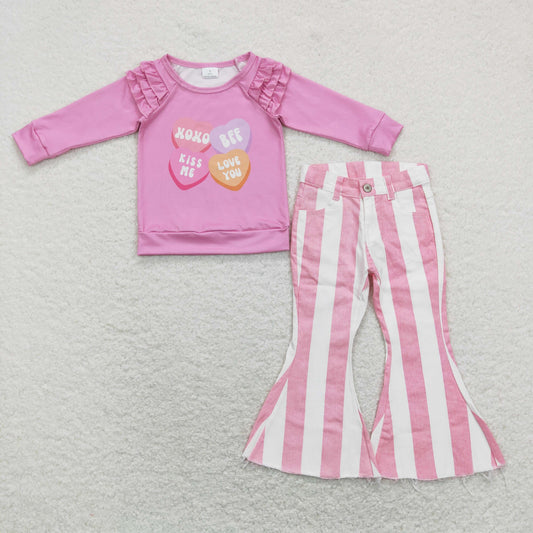 GLP1169 Kiss me love you heart hot pink long sleeve pink striped denim pants girls set