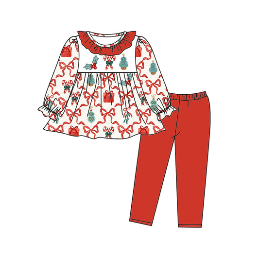 preorder GLP1202 Christmas bow long sleeve red pants girls set