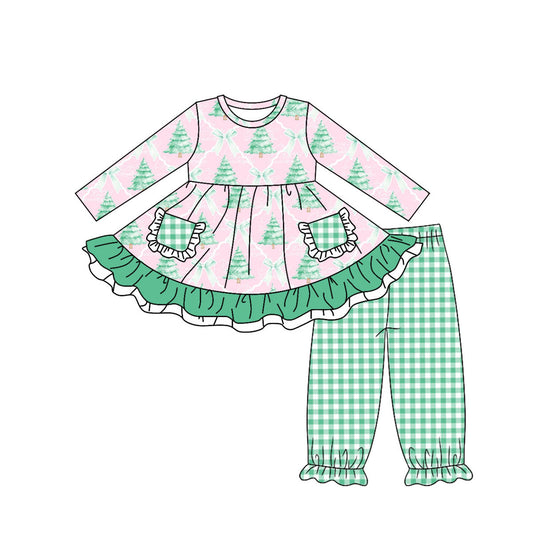 preorder GLP1206 Christmas green tree bow pink pockets long sleeve top green checkered pants girls set
