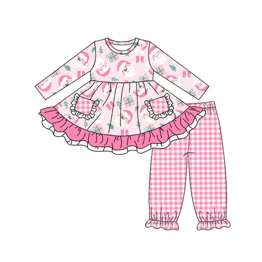 preorder GLP1207 Christmas Santa gift pockets long sleeve pink checkered pants girls set