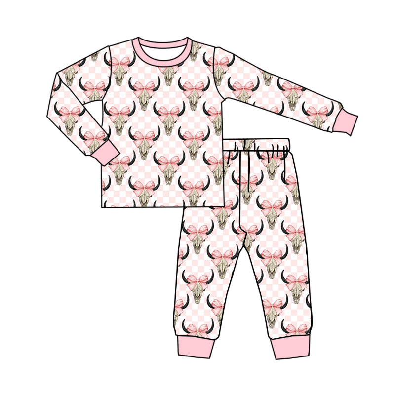 preorder GLP1215 pink bow cow checkered long sleeve pants girls pajamas