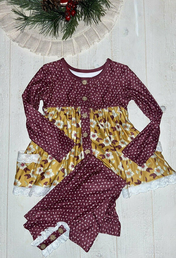preorder GLP1231 maroon flowers long sleeve pants girls set