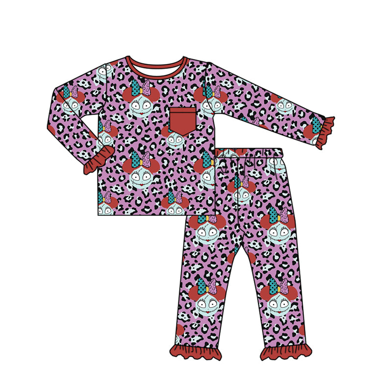 preorder GLP1235 Halloween skull purple leopard long sleeve pants girls pajamas