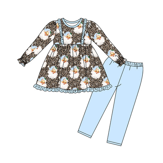 preorder GLP1247 Christmas Santa leopard long sleeve blue pants girls set