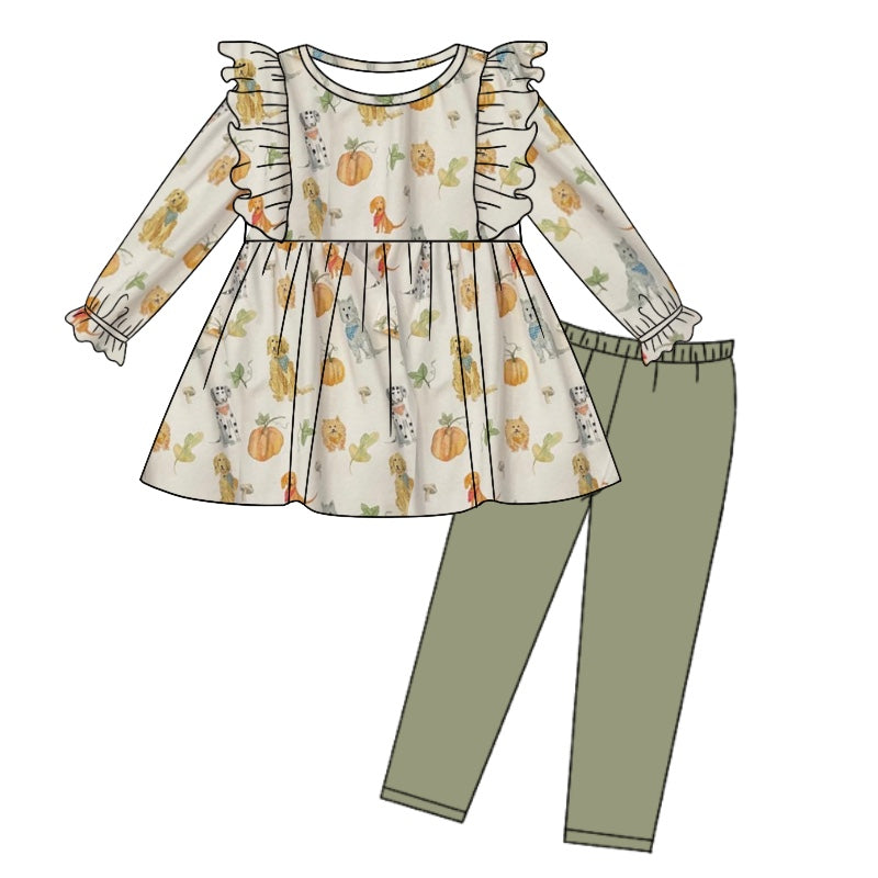 preorder GLP1248 Autumn pumpkin dog long sleeve grey green pants girls set