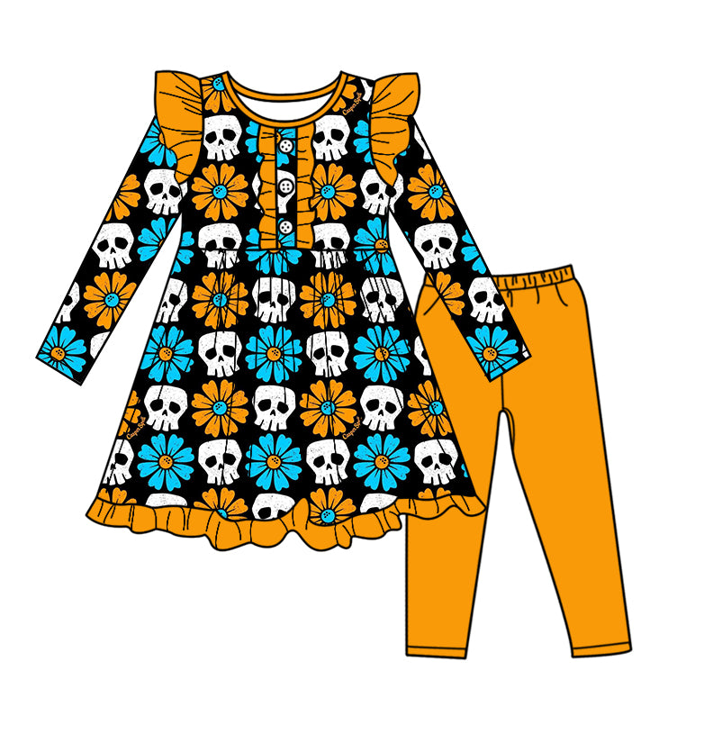 preorder GLP1249 Halloween skull flowers long sleeve orange pants girls set