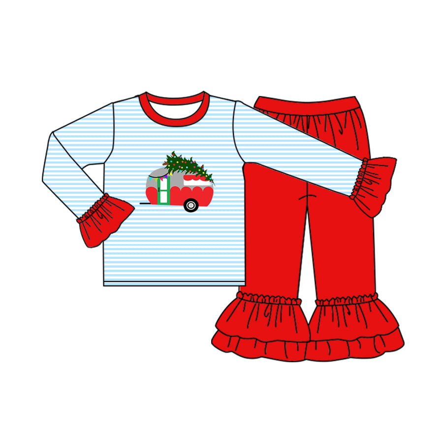 preorder GLP1251 Christmas tree bus blue striped long sleeve red pants girls set