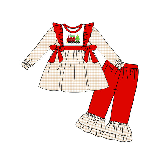 preorder GLP1252 Christmas tree train checkered long sleeve red pants girls set