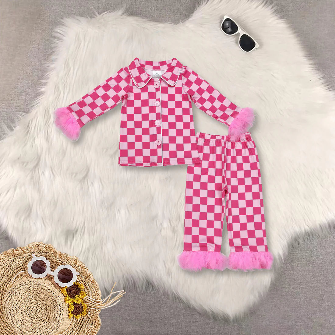 hot pink checkered fur pajamas mama and me RTS sibling clothes