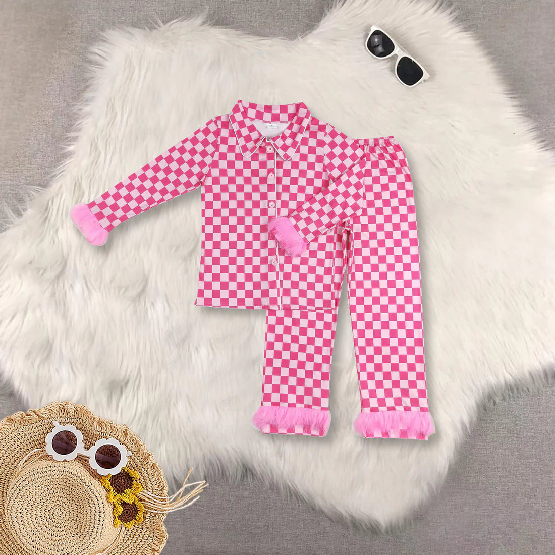 hot pink checkered fur pajamas mama and me RTS sibling clothes