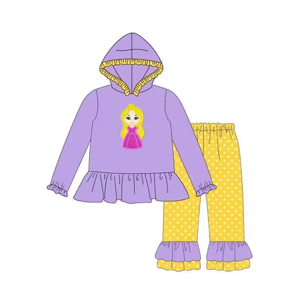 preorder GLP1287 cartoon princess purple long sleeve yellow dot pants girls hoodie set