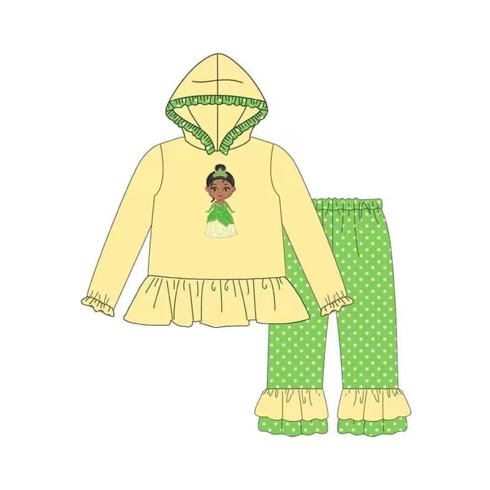 preorder GLP1290 cartoon princess yellow long sleeve green dot pants girls hoodie set