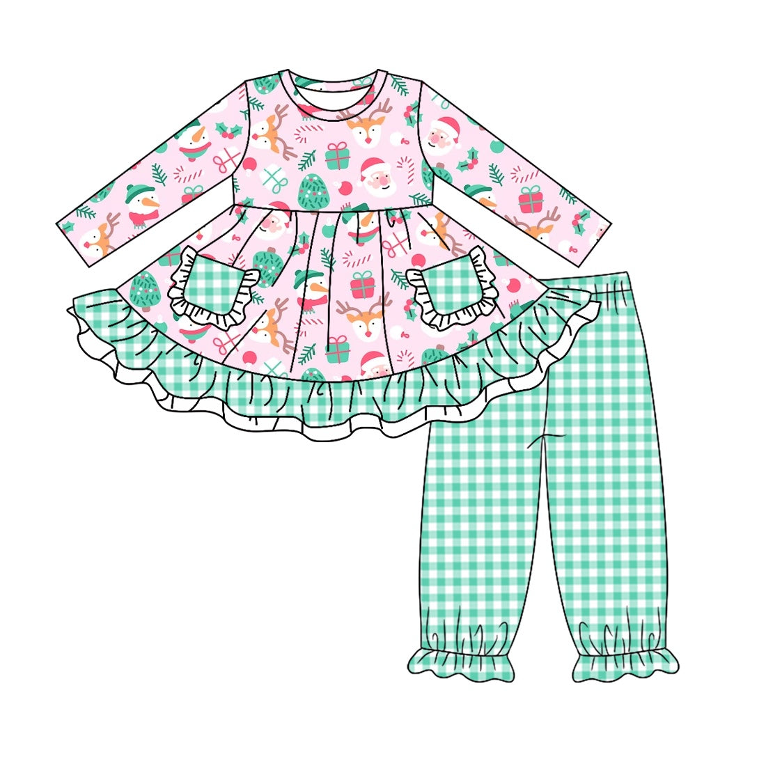 Preorder GLP1326 Christmas Santa tree pink pockets green checkered pants girls set