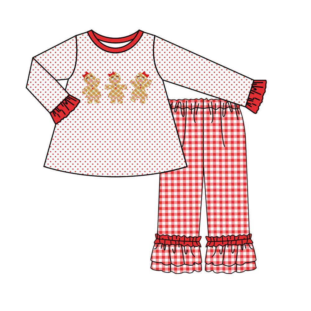 Preorder GLP1327 Christmas gingerbread man red dot long sleeve red checkered pants girls set