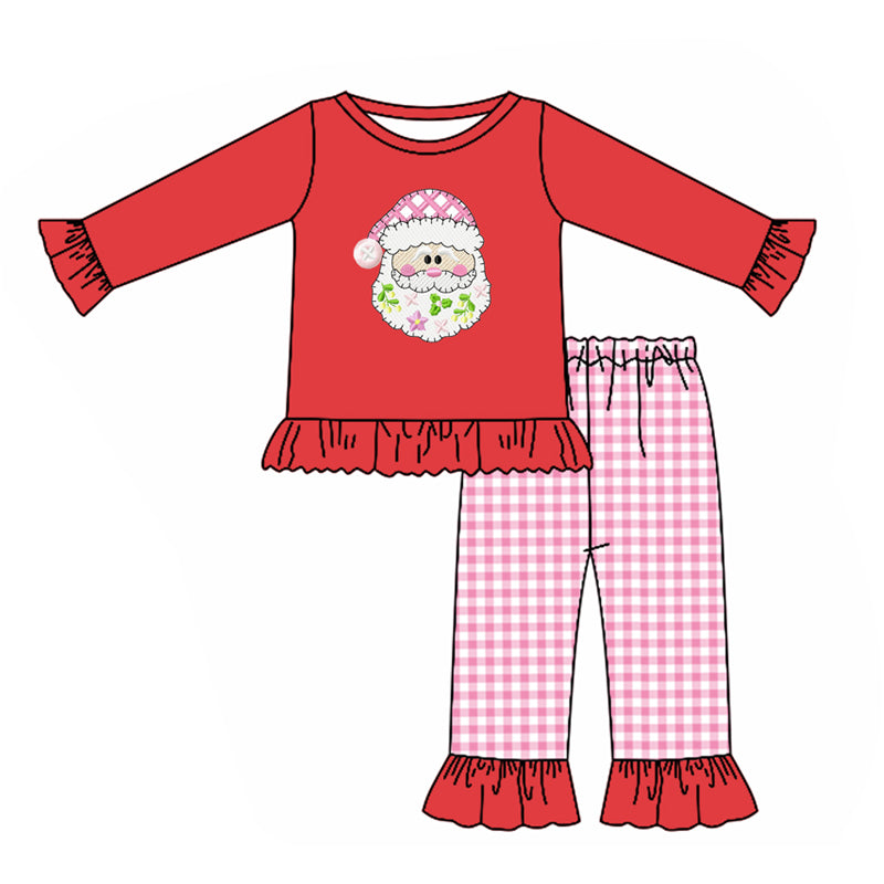 Preorder GLP1335 Merry Christmas Santa red long sleeve pink checkered pants girls set