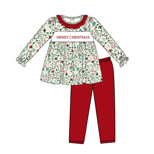 Preorder GLP1344 Merry Christmas flowers long sleeve red pants girls set