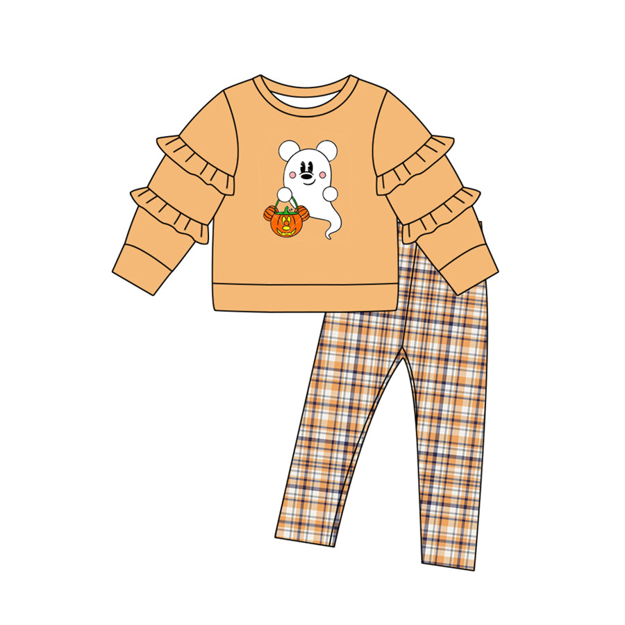 preorder GLP1351 Halloween spooky pumpkin orange long sleeve checkered pants girls set