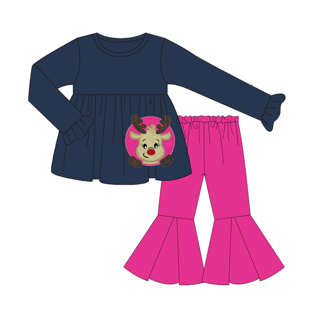 preorder GLP1359 Christmas deer navy blue long sleeve hot pink pants girls set