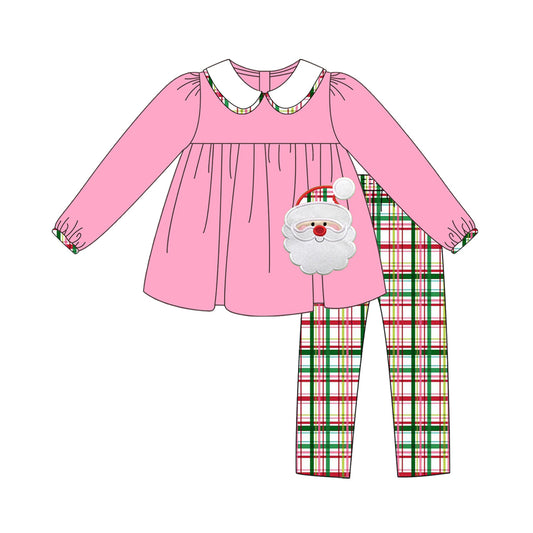 preorder GLP1360 Christmas Santa pink long sleeve green red checkered pants girls set
