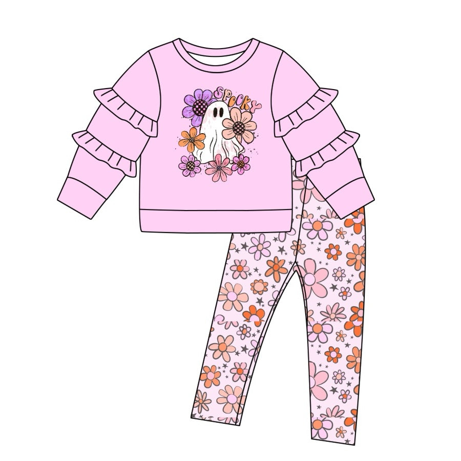 Preorder GLP1364 Halloween spooky flowers purple long sleeve pants girls set