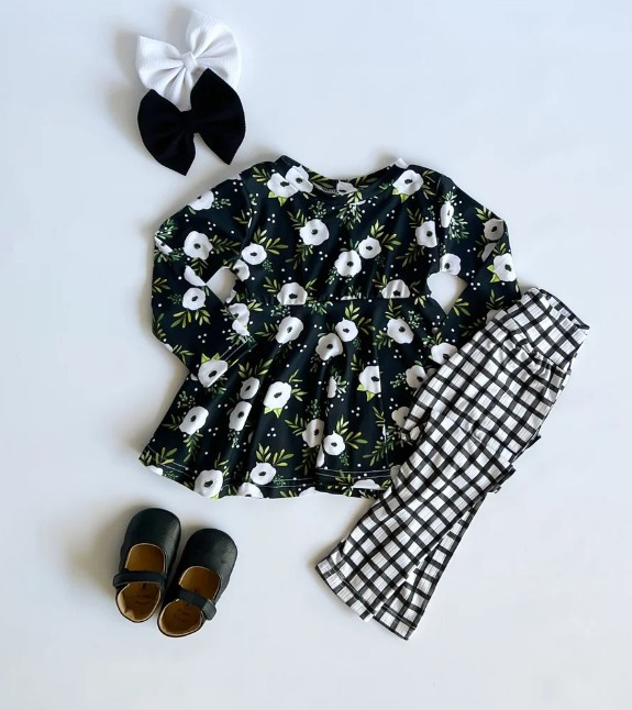 preorder GLP1365 white flowers black long sleeve black checkered pants girls set