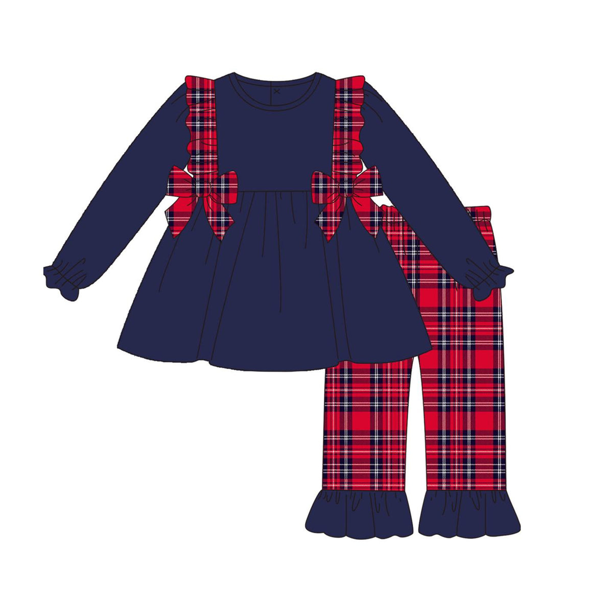 preorder GLP1371 Christmas navy blue bows long sleeve red checkered pants girls set