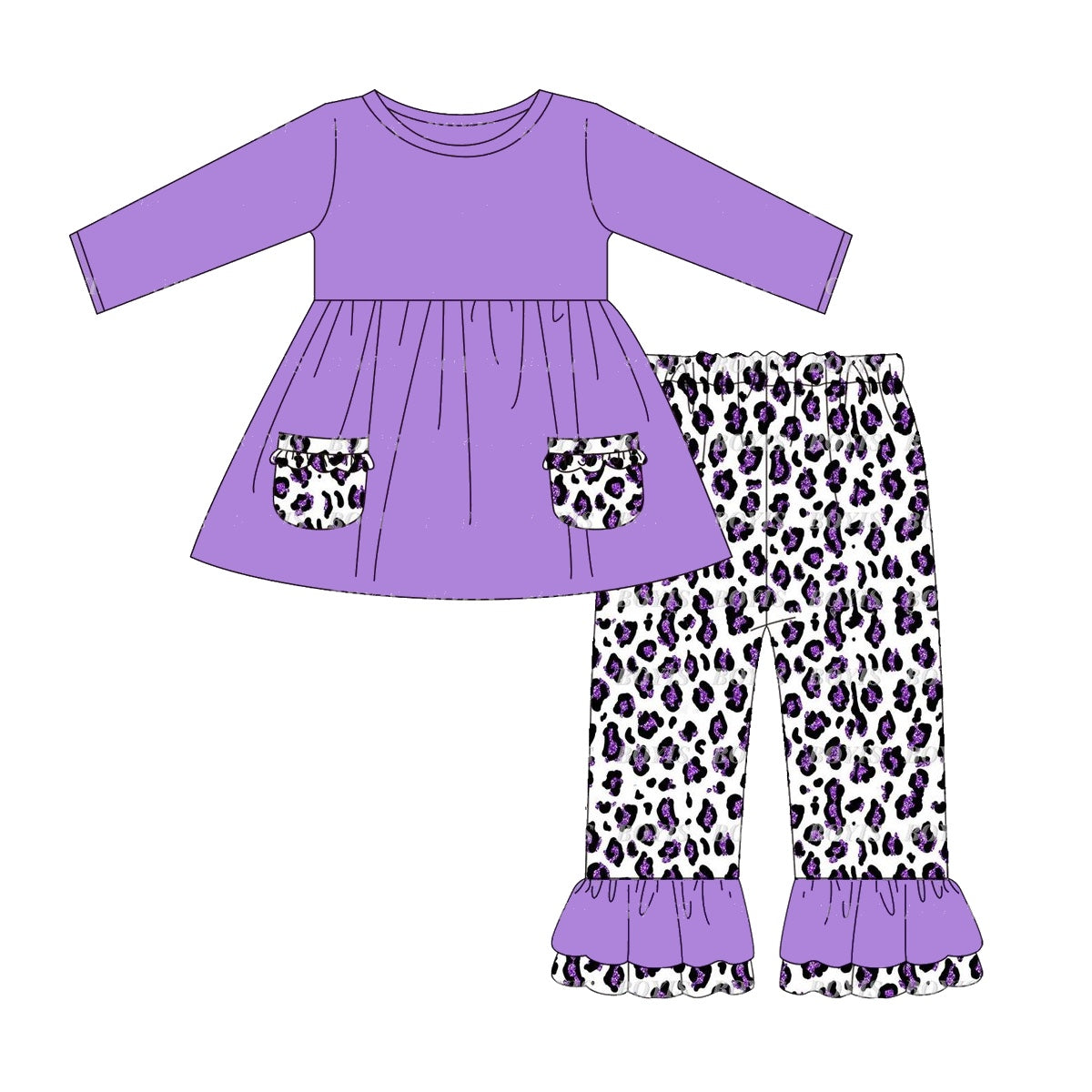 preorder GLP1374 purple pockets long sleeve purple leopard pants girls set