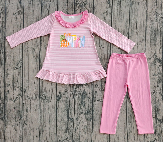 preorder samples GLP2772 embroidery pumpkin pink striped long sleeve pink pants girls set