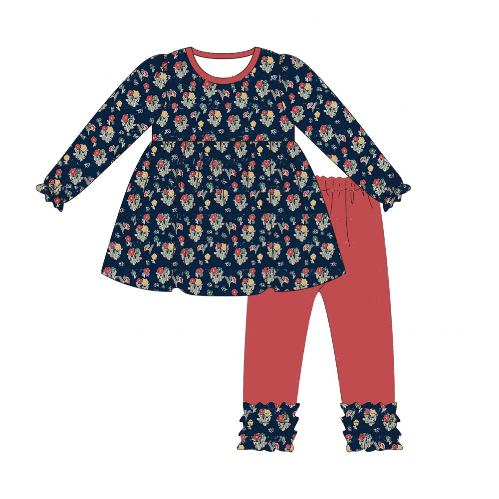 preorder GLP1382 colorful flowers navy blue long sleeve red pants girls set