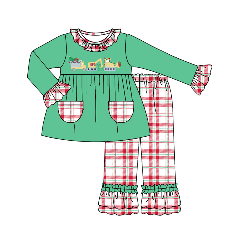 preorder GLP1386 Christmas construction truck red long sleeve red checkered pants girls set