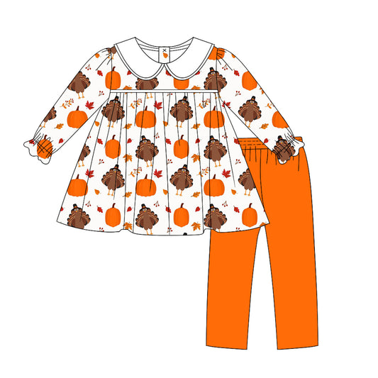 preorder GLP1390 Thanksgiving turkey pumpkin long sleeve orange pants girls set
