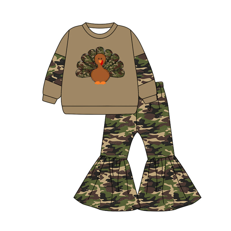 preorder GLP1391 Thanksgiving turkey brown long sleeve camo pants girls set